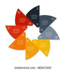 Isolated round infographic layout with 8 options. Star-shaped number banner template for diagram, presentation or chart. EPS10 circular sequence infographic element.