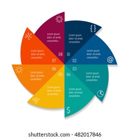 Isolated round infographic layout with 8 options. Star-shaped number banner template for diagram, presentation or chart. EPS10 circular sequence infographic element.