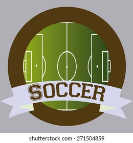 Isolated round label with a soccer field and a ribbon. Vector illustration