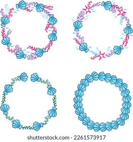Isolated round set frame of little cute smiling cartoon mermaid girls, fish, seashells, starfishes and bubbles in the Scandinavian style. For kids and toddler designs. Copy space. Vector.