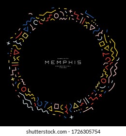 Isolated round shape colorful geometric pattern photo frame on black background. Memphis style geometry elements circle outline vector illustration. Photo album page graphic design.