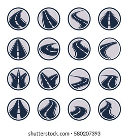 Isolated round shape grey color winding curved road or highway with dividing markings on white background vector illustrations set