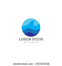 Das Logo in runder Form einzeln. Blauer Farblogotyp. Wasserbild fließen. Meer, Ozean, Flussoberfläche.