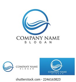 Isolated round shape logo. Blue color logotype. Flowing water image. Sea, ocean, river surface.