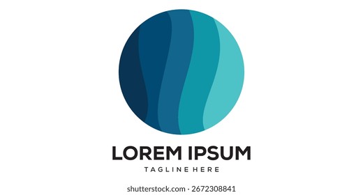 Logotipo isolado em forma redonda. Logotipo azul. Imagem de água fluindo. Mar, oceano, superfície de rio.