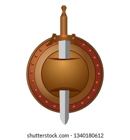 Isolated round shield with sword on white background. Vector illustration of a shield with a sword. 
Emblem, symbol, shield icon