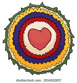 Isolated round Silleta design with Colombian flag colors and heart shape for the Festival of the Flowers, in cartoon style.