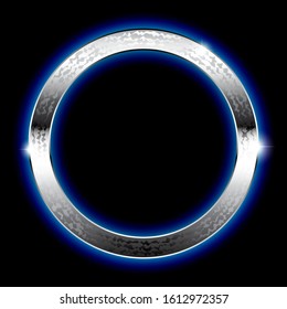 Isolated round silver frame with a blue glow. Vector illustration
