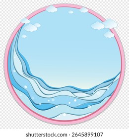 Isolated round Summer frame featuring sea and clouds with free space in the middle. Vector EPS illustration in paper craft style, 3D, layered, eazy to edit on transparent background