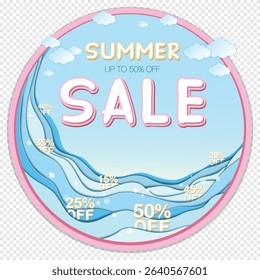 Isolated round Summer sale banner featuring Summer sale and 50% off inscription, clouds and sea. Banner made in paper craft style, 3D, layered. Vector EPS illustration, eazy to edit