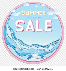 Isolated round Summer sale banner featuring Summer sale and 50% off inscription, clouds and sea. Banner made in paper craft style, 3D, layered. Vector EPS illustration, eazy to edit