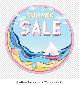 Isolated round Summer sale banner in paper craft style featuring Summer sale inscription, ocean, beach, ship, flip flops, starfish, ball, unglasses and clouds. Vector (EPS) illustration