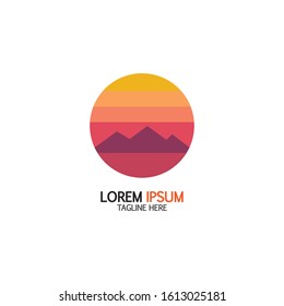 Isolated round sunset vector logo. Mountains silhouette. Minimalistic evening sky.