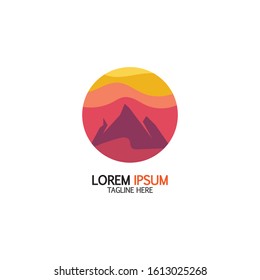Isolated round sunset vector logo. Mountains silhouette. Minimalistic evening sky.