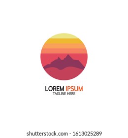 Isolated round sunset vector logo. Mountains silhouette. Minimalistic evening sky.