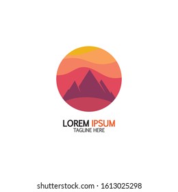 Isolated round sunset vector logo. Mountains silhouette. Minimalistic evening sky.
