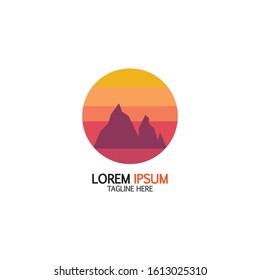 Isolated round sunset vector logo. Mountains silhouette. Minimalistic evening sky.