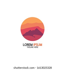 Isolated round sunset vector logo. Mountains silhouette. Minimalistic evening sky.
