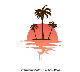 Isolated round sunset vector logo. Mountains silhouette. Minimalistic evening sky.