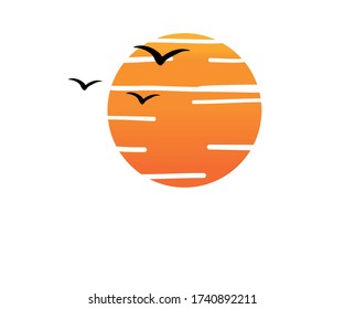 Isolated round sunset vector logo with birds.