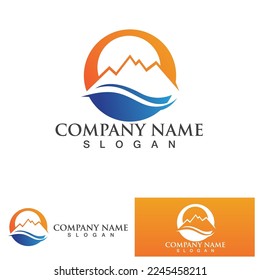 Isolated round sunset vector logo. Mountains silhouette. Minimalistic evening sky.