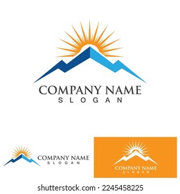 Isolated round sunset vector logo. Mountains silhouette. Minimalistic evening sky.