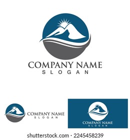 Isolated round sunset vector logo. Mountains silhouette. Minimalistic evening sky.