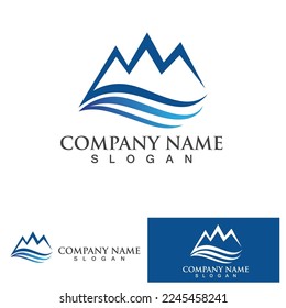 Isolated round sunset vector logo. Mountains silhouette. Minimalistic evening sky.