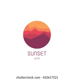 Isolated round sunset vector logo. Mountains silhouette. Minimalistic evening sky.