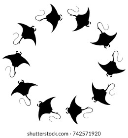 Isolated round vector decor with repeating silhouettes of manta ray or stingray. Wildlife motif marine emblem, frame, placeholder, border, element for design.