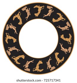 Isolated round vector element with images of ancient Greek gods Nike and Eros. Decorative circular frame, background. Hellenic mythology. Winged deities. Red figure pottery style.