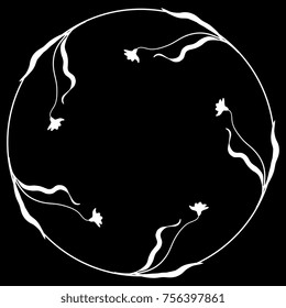 Isolated round vector frame with delicate wild flowers. White silhouette on black background.