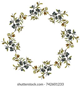 Isolated round vector frame with eight branches of blackthorn with fruits. Wild autumn motif.