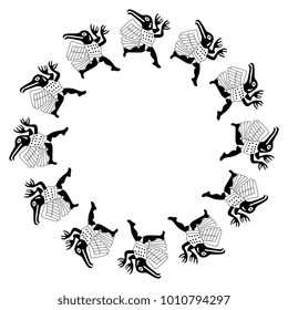 Isolated round vector frame with silhouettes on fantastic creatures. Based on folk art of Mochica or Moche Indians of ancient Peru.