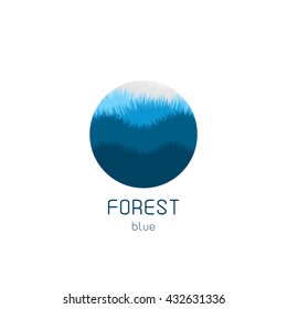 Isolated round vector logo. Blue forest view image. Natural landscape icon. Planet illustration. Trees silhouette.