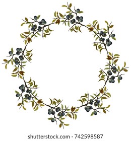 Isolated round vector wreath of blackthorn boughs. Elegant floral wild motif. 