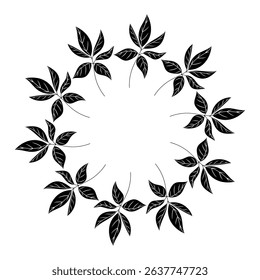 Isolated round vector wreath composed of abstract black leaves featuring white veins, designed in a modern minimal flat style on white background.