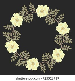 Isolated round vector wreath with yellow wild roses. Delicate floral motif. Elegant frame, background, border, element for design, decor.