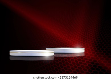 Isolated round white stage with gold border on red mesh background.