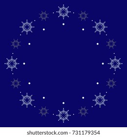 Isolated round winter wreath made of snowflakes and dots. Beautiful New Year background, template, border, placeholder, frame or decor. Abstract geometrical mandala.
