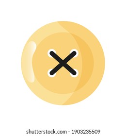 Isolated round yellow clothing button. Crossed stitches. White background. Flat style illustration.