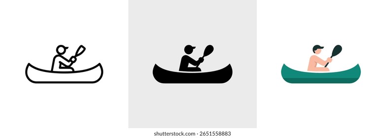 Ícone de remo isolado demonstra um homem usando uma pá em uma canoa azul-petróleo em três estilos vetoriais diferentes, arte de linha simples, preenchimento preto sólido e uma ilustração vetorial plana.