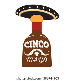 Isolated rum bottle with a traditional hat, Cinco de mayo vector illustration