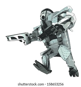 isolated running armored robot campaigner vector 3D model my own drawing illustration