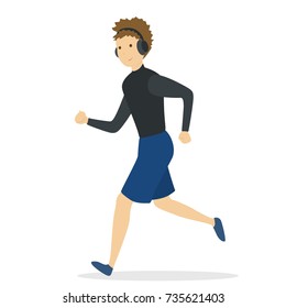 Isolated running man with headphones in sport clothes on white.