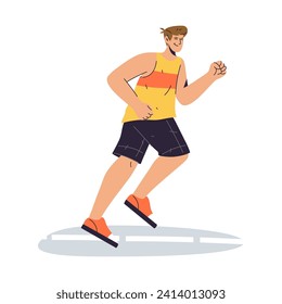 Isolated running man. Vector image of runner at marathon. Flat cartoon sportsman. Outdoor athletic race. Sprinter exercise or scamper training. Fitness workout or competition clipart. Speed jog or run