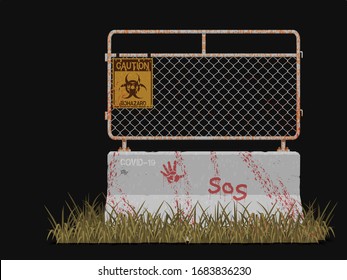 Isolated rusty barrier with biohazard warning sign on black background
