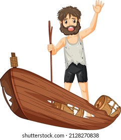 Isolated sad castaway man on a shipwrecked  illustration