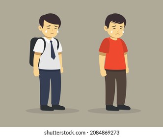 Aislado, triste llorando niño de la escuela con uniforme y niño con camiseta casual. Plantilla de ilustración vectorial plana.