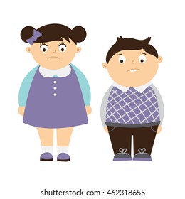 Isolated sad fat boy and girl on white background. Concept of children obesity and bullying overweight kids. 